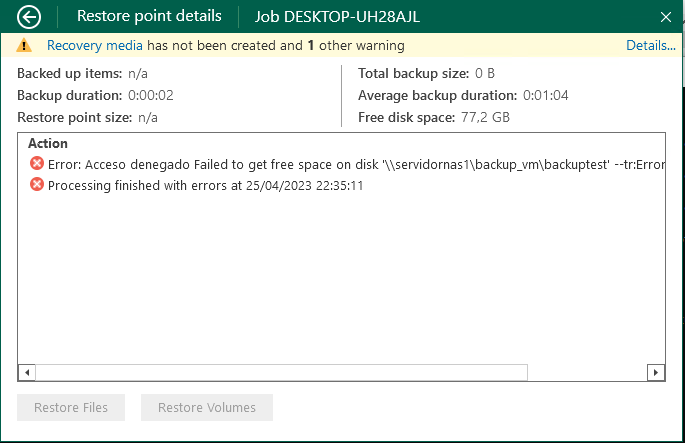 Error: Acceso denegado Failed to get free space on disk veeam backup